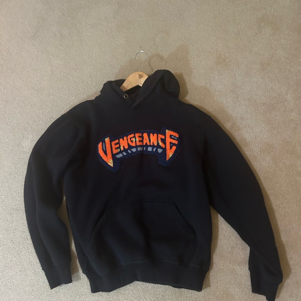 Black graphic Hoodie with fluff knitted print words “Vengeance”
